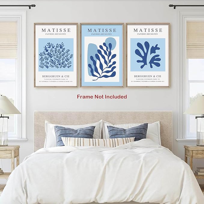 BingruiArt Blue Matisse Wall Art Canvas Boho Flower Set of 3 Minimalist Plant Leaves Painting Abstract Pictures Aesthetic Prints Home Decor for Living Room Bedroom Bathroom 12"x16" Unframed