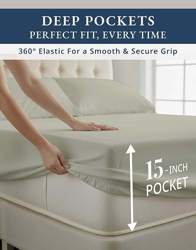 100% Egyptian Cotton King Size Sheets Set – Silky Sateen Weave for Winter Sleep Comfort, Buttery Soft & Durable Christmas Sheets King Size, Snug Fit 15" Deep Pocket, Hotel Comfort at Home - Mineral