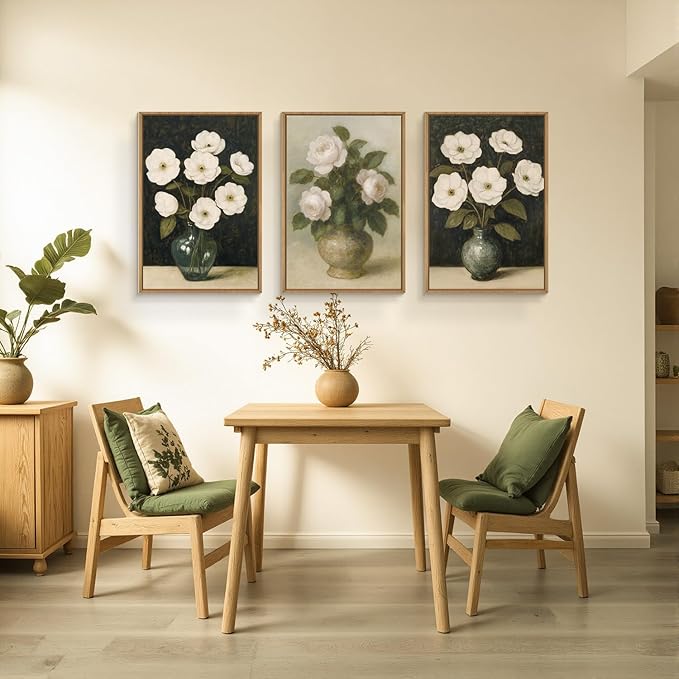 FWIEXA Vintage Floral Canvas Wall Art Set of 3, Framed French Country Pictures Wall Decor, Retro Botanical Painting, 16x24 Inches Rustic Black White Flower Aesthetic Prints Artwork for Living Room, Bedroom, Bathroom, Farmhouse