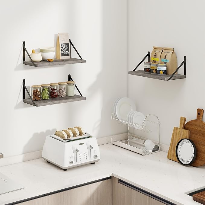 Heimlove Floating Shelves for Wall Set of 3,Light Wood Wall Mounted Bookshelf Decorative Shelf for Living Room Bathroom Bedroom Kitchen Laundry Pictures Plants Books Cats TV,Silver Grey