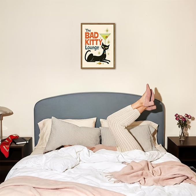 Mid Century Modern Cat Wall Art Bad Kitty Lounge Wall Decor Painting, Vintage Martini Cat Poster Canvas Print Picture for Bar Living Room Bedroom 12x16 inch Wood Framed