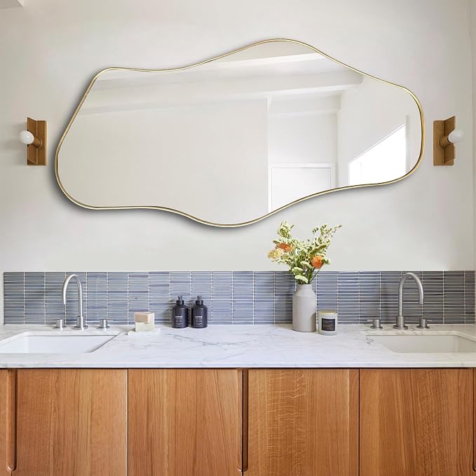 Irregular Wall Mirror, 47"x25" Asymmetrical Aesthetic Mirror with Gold Metal Frame, Modern Organic Shape Mirrors for Entryway Living Room Bedroom Hallway, Horizontal or Vertical Hanging