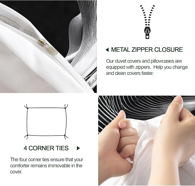 Black White Duvet Cover King Size, Psychedelic White Wavy Stripes Bedding Set 3 Piece, Modern Abstract Geometric Line Patterned Comforter Cover with Zipper Soft Microfiber, 2 Pillowcases
