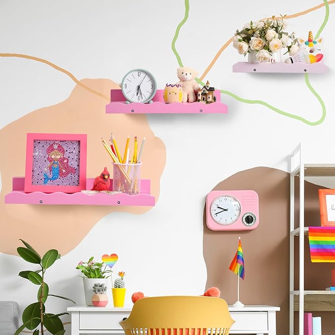 Suzile Set of 4 Floating Nursery Book Shelves for Wall Wood Floating Bookshelves Picture Small Ledge Shelf for Wall Boys Girls Teen Room Bathroom Bedroom Decor Storage(Pink)