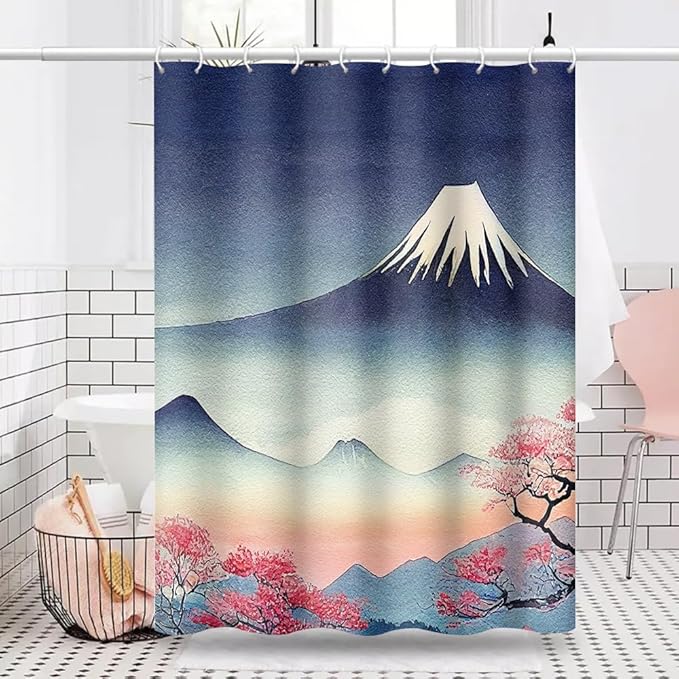 Mount Fuji Shower Curtain Japan Famous Landscape Cherry Flower Mountains Abstract Scenery Shower Curtains for Bathroom Accessories Waterproof Polyester Fabric with Hooks, 60 x 72 Inch