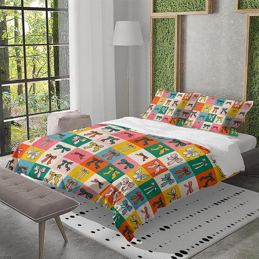Cute Colorful Bow Bedding Set Queen Size Teal Green Blue Red Bow Comforter Covers Set for Kids Girls Women Trendy Coquette Preppy Room Decor Quilt Bed Cover Girly Bedroom Decor 88"x88"