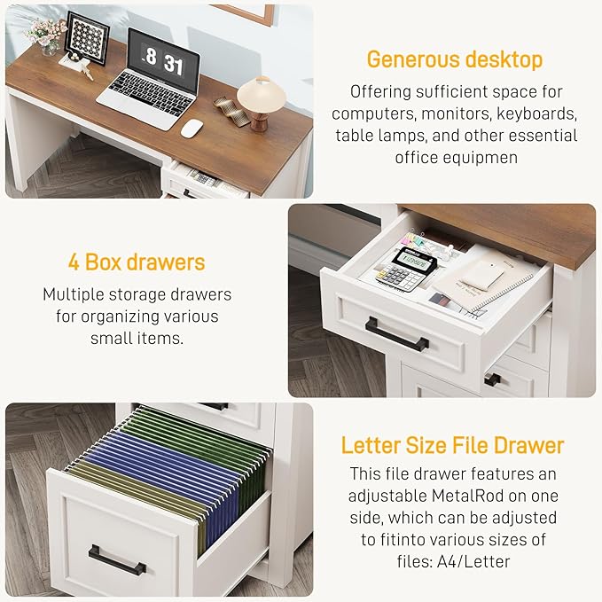 Vabches Farmhouse 49” Executive Desk with File Drawer, 4 Drawers Reversible Computer Desk with Storage, Rustic Home Writing Workstation for Home Office.White Brown