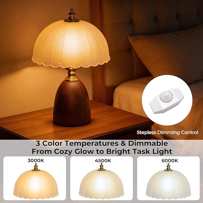 13“ Mid-Century Modern Small Table Lamp, Vintage Scalloped Frosted Glass Bedside Lamp for Bedroom Living Room, Solid Walnut Wood Style Base 3-Color Dimmable LED, Aesthetic Decor Gift
