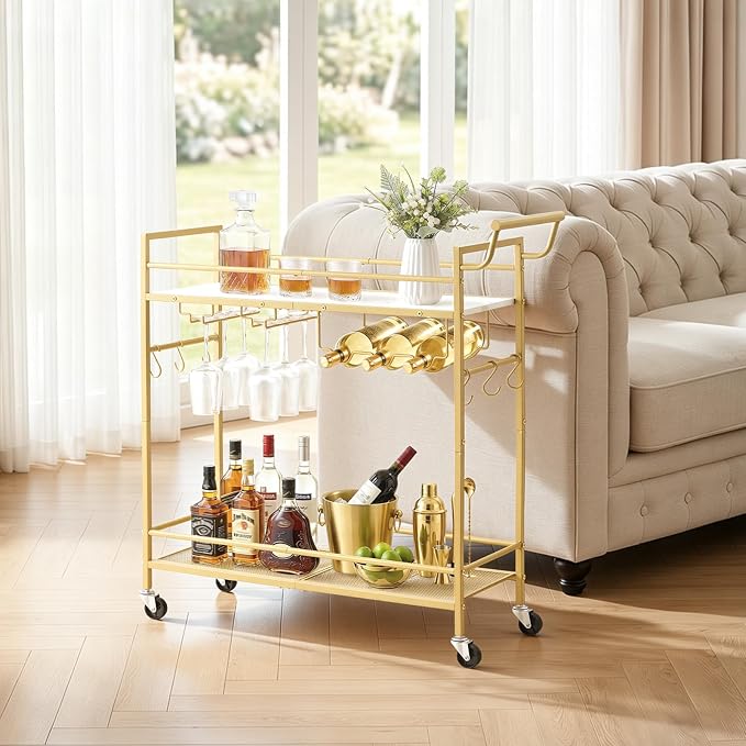 VEVOR Bar Cart, 2 Tiers Home Kitchen Serving Carts, Modern Rolling Utility Station on Wheel, Mobile Drink Beverage Trolley with Wooden & Mesh Shelf, Wine Rack, Glass Holder, 33.86x11.81x32.68 in, Gold