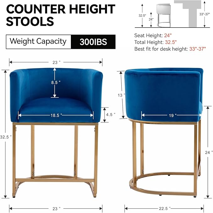 Contemporary Blue Velvet Bar Stool, 24" Upholstered Fabric Counter Height Barstool Kitchen Counter Island Stool with Screwed Together Golden Metal Base