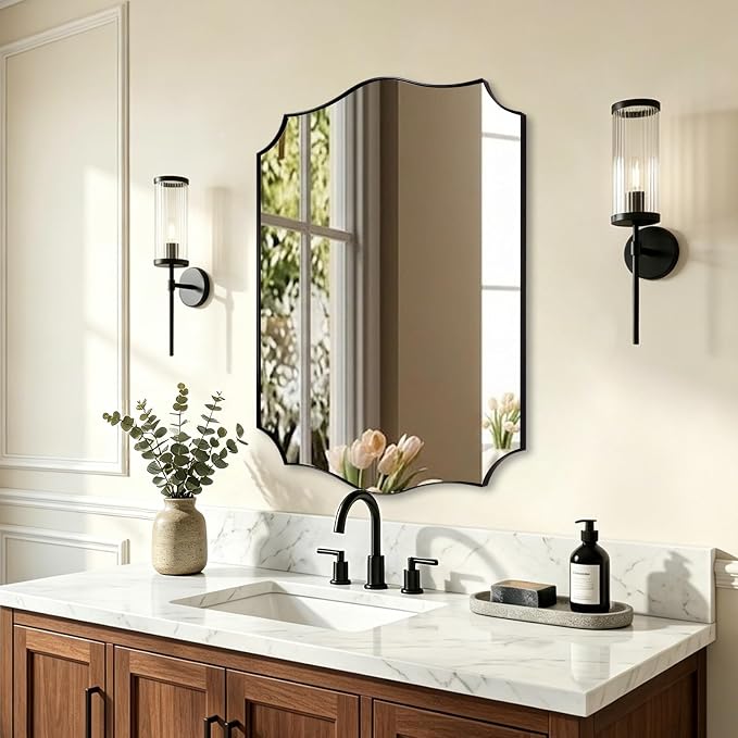 ANDY STAR 20"x30" Black Vanity Mirror, Mirrors for Bathroom Sink, Black Scalloped Mirror in Premium Stainless Steel Thin Frame, Elegant Curved Scallop Design, Ideal for Home Remodel