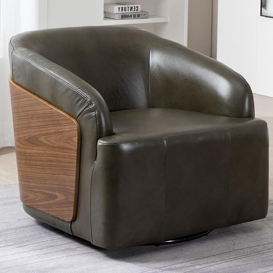 Genuine Leather Swivel Accent Chair Swivel Barrel Chair Comfortable Mid Century Modern Chair Upholstered Metal Base Armchair for Living Room Bedroom Office Large Olive Green
