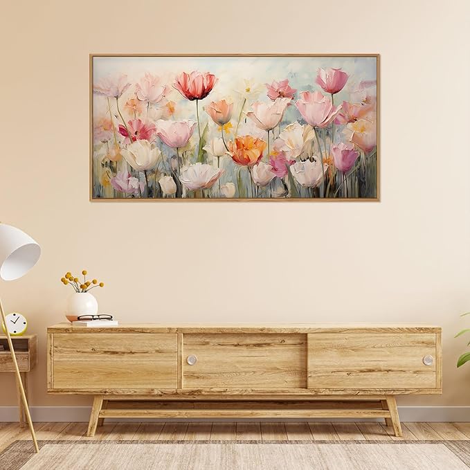 HPNIUB Large Nature Wildflowers Framed Wall Art Pink Floral Canvas Oil Painting Modern Aesthetic Wall Decor Abstract Flower Artwork for Living Room Bedroom Decor -20"x40"