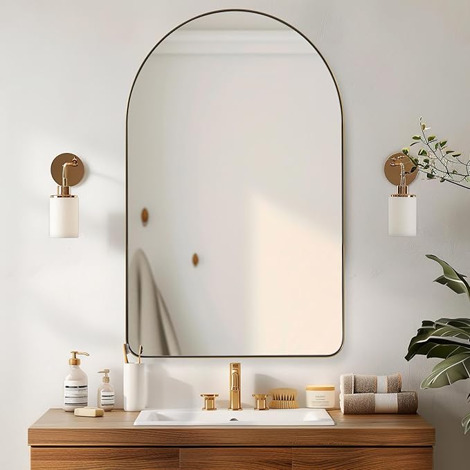 ANDY STAR Arched Mirror, 24 x 36 Inch Gold Wall Mirror in Stainless Steel Metal Frame, Arch Top Rounded Corner 1 Inch Deep Set Design Wall Mount Hangs Vertical