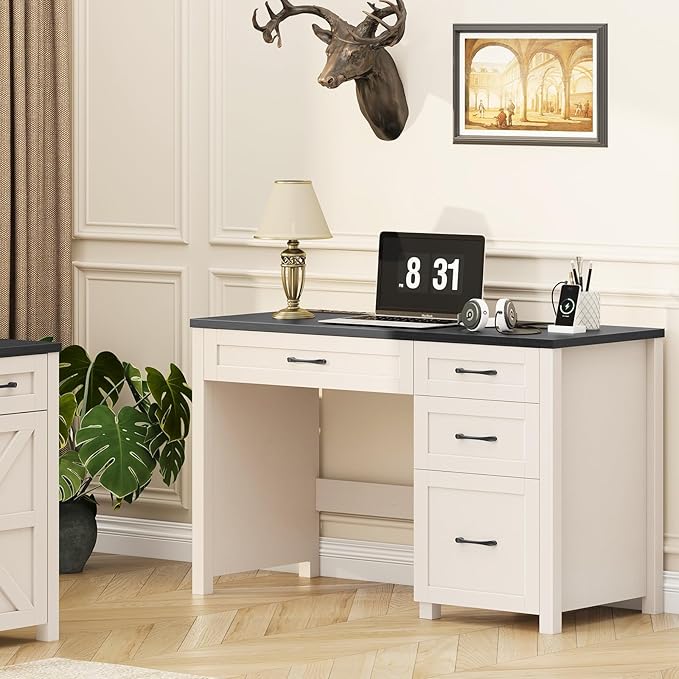 Farmhouse 47" Executive Desk, Computer Desk with File Drawer and Charging Station, Workstation for Home Office, Study.Black