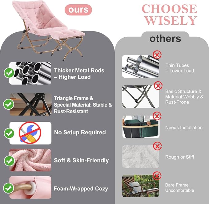 Furlide Dorm Chair with Ottoman, X-Large Soft Saucer Chair, Oversized Folding Faux Fur Accent Chair, Foldable Metal Frame Chair for Bedroom, Living Room (Pink)