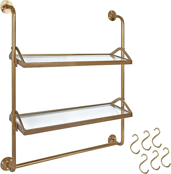 Kate and Laurel Marit Modern Industrial Wall Shelf with Metal Pipe Supports and Glass Shelves, Gold