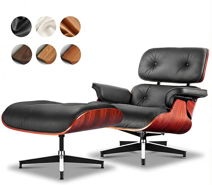 Top Black Grain Leather, Mid Century Chaise Lounge Chair and Ottoman, Modern Chair Classic Design, Heavy Duty Base Support for Living Room Study Lounge Office, Darkrosewood, Heightening