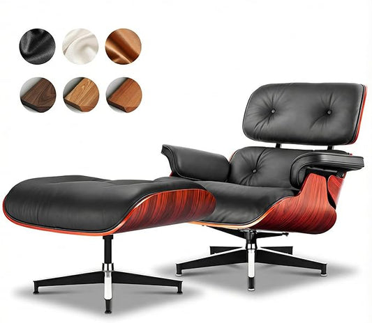Top Black Grain Leather, Mid Century Chaise Lounge Chair and Ottoman, Modern Chair Classic Design, Heavy Duty Base Support for Living Room Study Lounge Office, Darkrosewood, Heightening