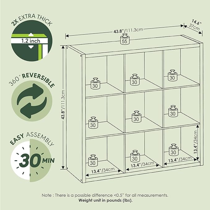 Furinno Cubicle Book Shelf, 9-Cube Bookshelf, Extra Thick Frame Reversible Bookcase with Open Back, 14.6" x 44" x 44", for Living Room, Bedroom, Home Office, Sage Green