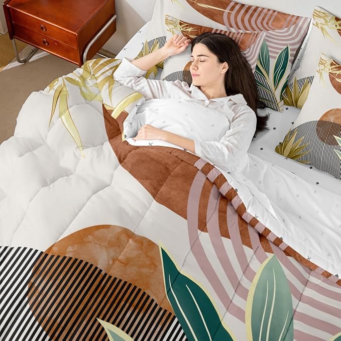 Erosebridal 7 Piece Boho Mid Century Bedding Sets Full Vintage Comforter Set for Boys Girls,Abstarct Retro Stripes Bed in a Bag Modern Minimalist Simplistic Sheet Set with Comforter,Brown