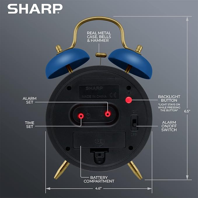 Sharp Twin Bell Alarm Clock, Loud Alarm Great for Heavy Sleepers - Stylish Matte Finish with Rustic Bronze Accents, Battery Operated (Matte Navy)