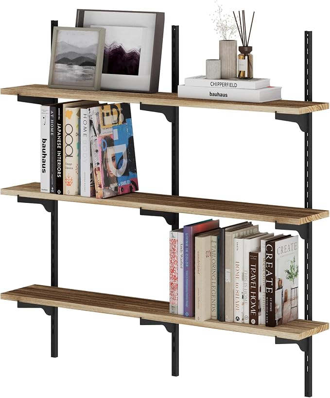 Wallniture Turin 36 inch Wooden Wall Shelf Unit, Height Adjustable Wall Shelves for Display, Storage, Organization and Decor, Kitchen Organizer Shelf, Floating Bookshelves for Living Room, 3 Tier