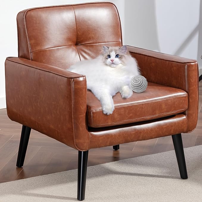 Vogue Furniture Direct Mid Century Accent Chair, PU Leather Modern Chair with Wooden Frame, Cozy Armchair Reading Chair with Comfy Back for Apartment, Living Room, Bedroom, Small Space, Corner, Brown