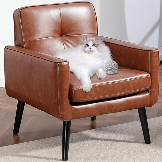 Vogue Furniture Direct Mid Century Accent Chair, PU Leather Modern Chair with Wooden Frame, Cozy Armchair Reading Chair with Comfy Back for Apartment, Living Room, Bedroom, Small Space, Corner, Brown