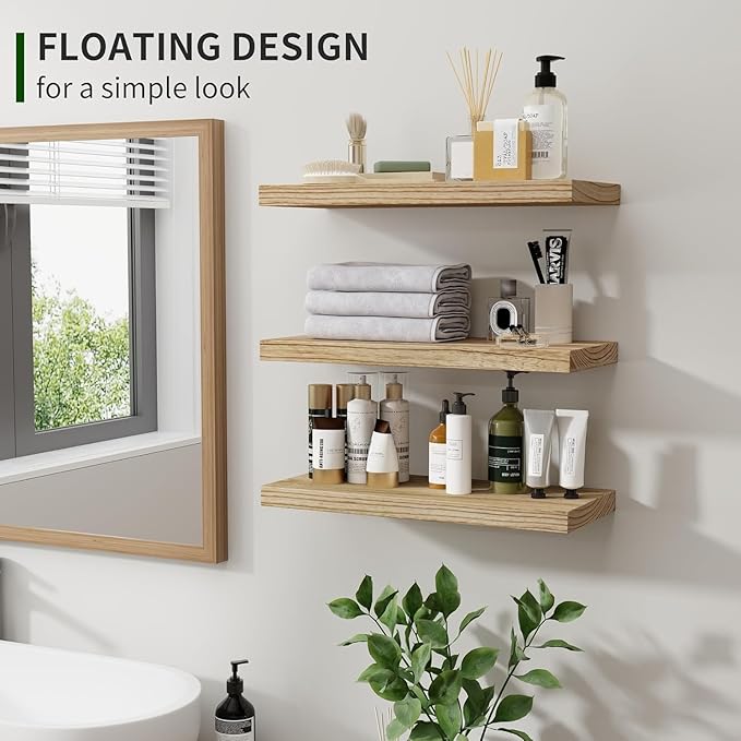 Marsmiles Wood Floating Shelves for Wall Set of 3, 17 Inch Wide Rustic Wooden Floating Shelves, Invisible Wall Mounted Display for Living Room Bedroom Kitchen Bathroom Office, Carbonized Black