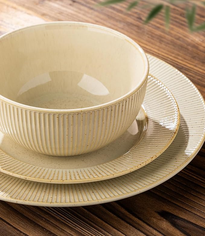 TheTerra Stoneware Dinnerware Sets for 6, 18 Pieces Ceramic Plates and Bowls Sets, Scratch Resistant Embossed Dish Set, Oven, Microwave & Dishwasher Safe, Cappuccino