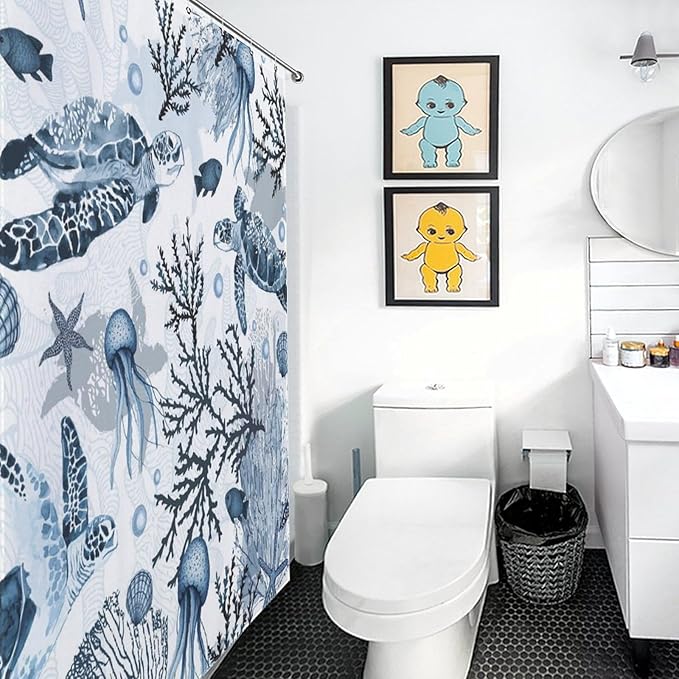 Sea Turtle Shower Curtain,Summer Blue Beach Nautical Ocean Starfish Seashell Animal Theme Bathroom Curtain Waterproof Fabric Machine Washable with Hooks,72x84Inch