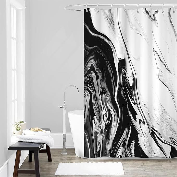 Black and White Shower Curtain, Modern Abstract Black Marble Shower Curtain for Bathroom Aesthetic Ink Texture Waterproof Shower Curtain Set with Hooks, 60x72 Inch