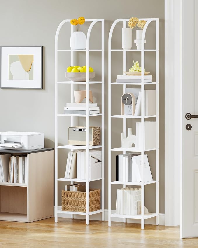 Hzuaneri Bookshelf Narrow Bookcase, Tall Storage Rack with Steel Frame, Display Standing Shelf Unit, Skinny Book Shelf for Study Living Room Home Office, Industrial Style, 6-Tier White BC56013W
