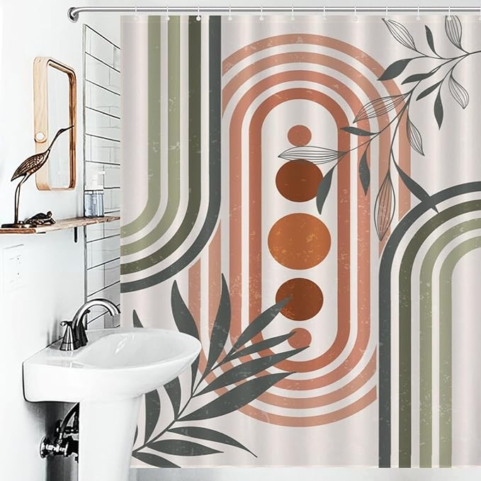 Mid Century Boho Sage Shower Curtain, Abstract Bohemian Mid Century Plant Leaf Rainbow Dots Washable Waterproof Fabric for Bathroom Decor Bathtub with 12 Hooks 55x72in（140x183cm）