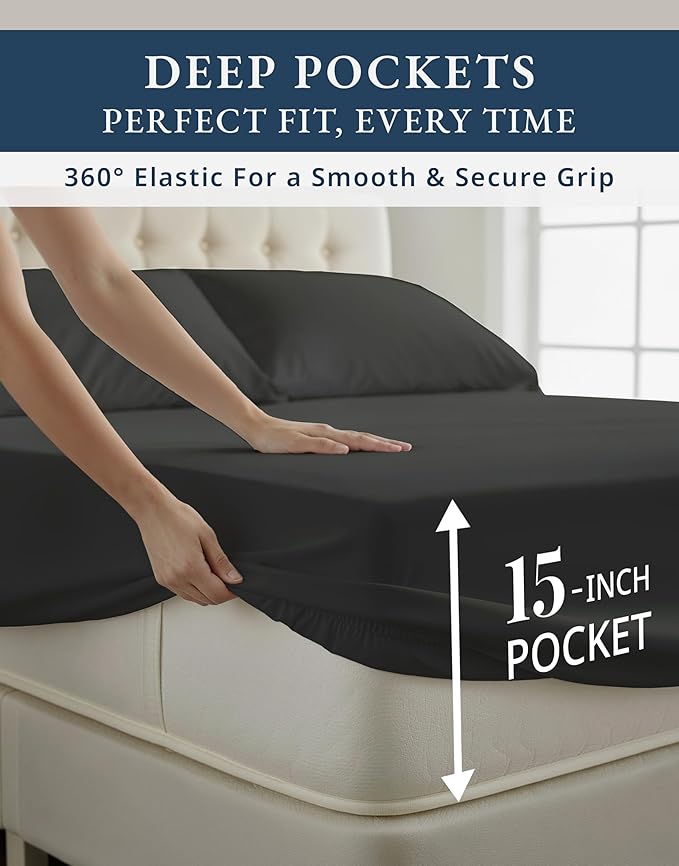 LANE LINEN 100% Egyptian Cotton Extra Long Twin Sheets, Long Staple Mercerized Cotton No Pill Fade Resistant Silky Sateen Weave for Soft & Comfy Good Night Sleep - Black