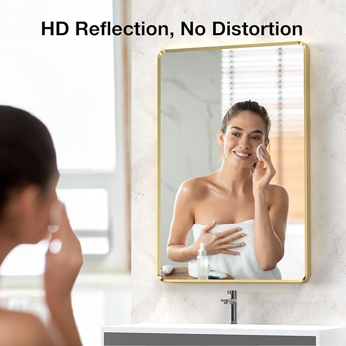 24x36 inch Gold Bathroom Mirror, Brushed Gold Metal Framed Rounded Rectangle Wall Mount Vanity Mirror, HD Tempered Glass, Aluminum Frame, Horizontal or Vertical Hanging, Modern Home Decor