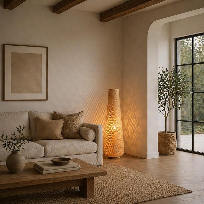 MIXL-Farmhouse Style Bamboo Floor Lamp,Large Wicker Indoor Floor Light,Boho Standing Light Plug in,Modern Minimalist Standing Lamp for Living Room Bedroom