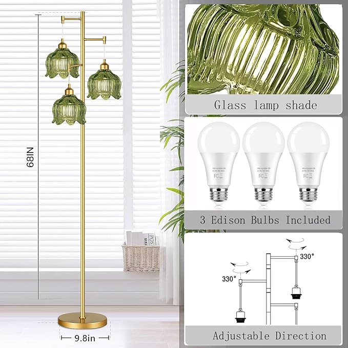Glass Floor Lamp for Living Room,Bedroom,Gold Mid Century Modern Standing Lamp Brass Tree 3 Light Tall Floor Lamps Vintage Retro Floor Lights Green Flower Lamp Shade Farmhouse Boho Bohemian