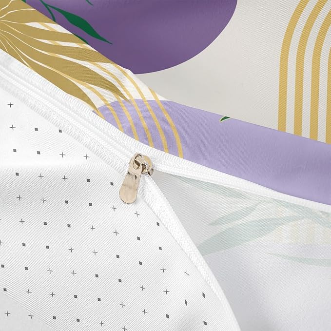 Erosebridal Geometric Leaves Duvet Cover Twin for Kids Boys Girls,Mid Century Purple Comforter Cover,Abstract Modern Boho Bedding Set,Gold Botanical Minimalist Bed Set 2 Pcs Bedroom Decor
