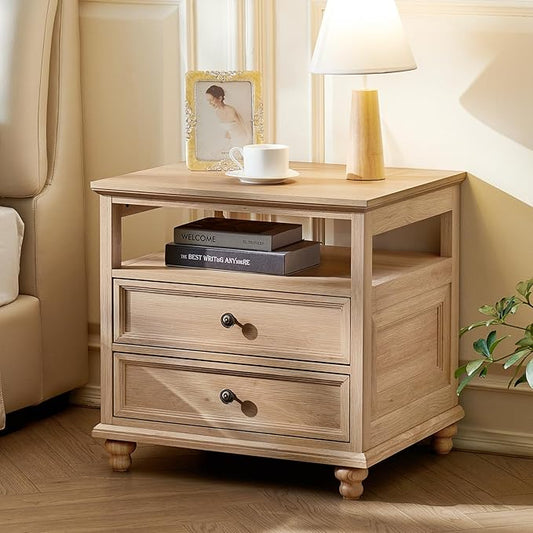 24" Wide Farmhouse Night Stand,Large End Table with 2 Drawers & Metal Handle,Wood Dresser for Bedroom, Natural Bed Side Table Chest of Drawers Cabinet,Nightstand for Living Room,Closet