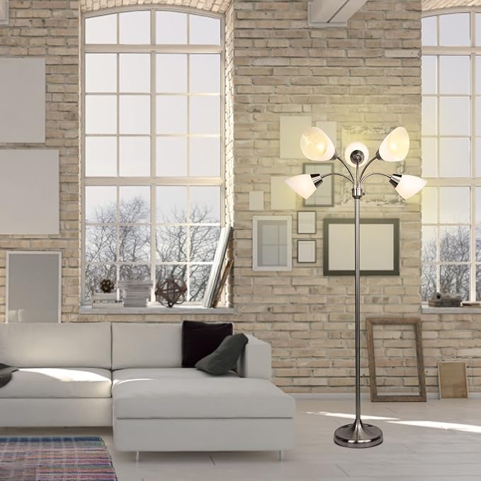 FIRVRE Multi Arm Floor Lamp Standing Lamp, Reading Floor Light with Adjustable Arms 5 Head PVC Lampshade,Sand Nickel Modern Tall Metal Lamps,Floor Lamp for Living Room, Bedroom,Dining Room