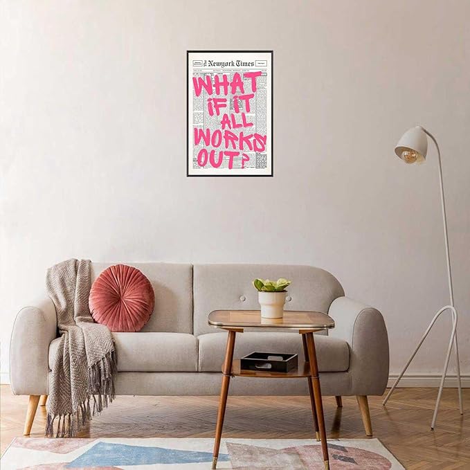 Drimiler Retro Newspaper Pink Font Poster What If It All Works Out Canvas Wall Art Positive Affirming Quote Minimalist Prints Painting For Home Bedroom Dorm Wall Decor 12x18in Framed