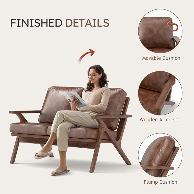 Bonzy Home 51.6" Loveseat Sofa Mid-Century Faux Leather Accent Chair, Upholstered 2-Seat Couch Loveseat with Solid Wood Frame and Cushions, Small Sofa Couch Armchair for Living Room, Bedroom,Brown