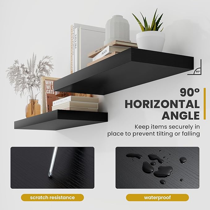 55 Inch Floating Shelves, 9.3" Deep Floating Shelf Wall Mounted, 56" Wall Shelves, Rustic Deep Bookshelf, Large Display Shelves & Storage Shelves for Bedroom, Living Room, Black, Set of 1