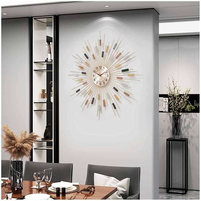 Gold Sunburst Wall Clock for Living Room - Large Non-Ticking Silent Modern Decor - Elegant Metal Dial Clock for Bedrooms