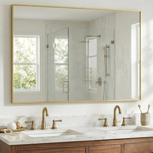48"x30" Gold Landscape Bathroom Mirror for 48-60 inch Vanity | Shatterproof Tempered Glass, Narrow Metal Frame, Ultra-Flush Mount