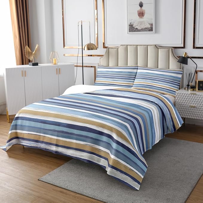 Erosebridal Brown Navy Beige Bedspread King Size White Teal Grey Quilt Set, Aesthetic Striped Coverlet Set Wave Line Bedding Set, Grunge Minimalism Bed Cover Lightweight