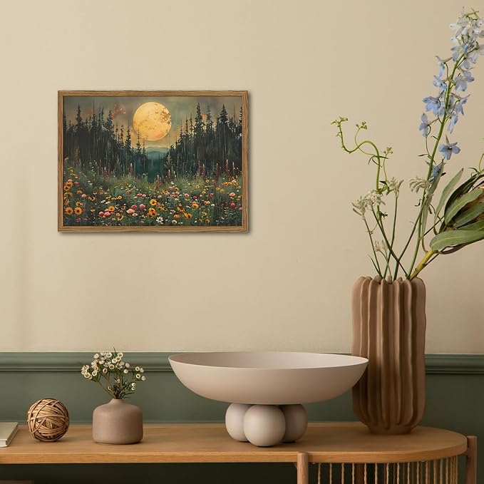 Vintage Forest Moon Wall Art, Nature Pine Tree Woodland Wall Decor Paintings, Dark Cottagecore Landscape 3D Textured Hand Drawn Sandstone Artwork for Bedroom Living Room 12x16 inch Wood Framed