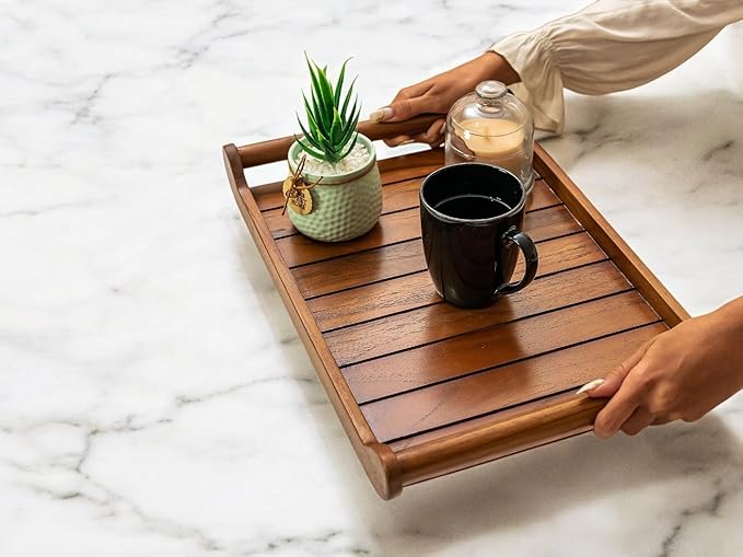 Vesta Homes Extra Large Teak Wood Rectangular Serving Tray for Home/Kitchen/Restaurant/Office Organizer/Dining Table|Premium Wooden Trays|45.5X30.5X5.7 Cm|Handmade in India